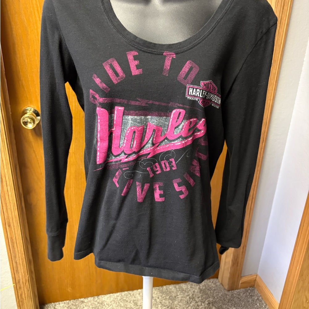 Harley-Davidson Women's Black Long Sleeve Tee with Pink Graphics